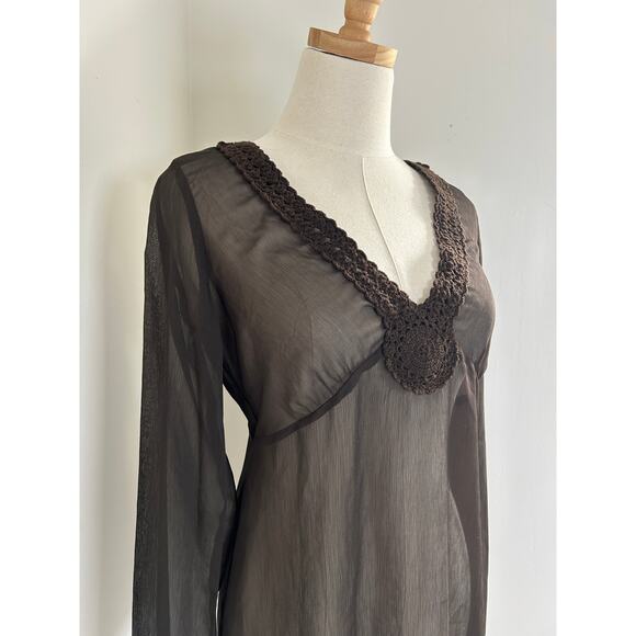 Ann Taylor Loft Dark Brown Sheer V Neck Crochet Long Sleeve Blouse Womens US 2 - Picture 2 of 5